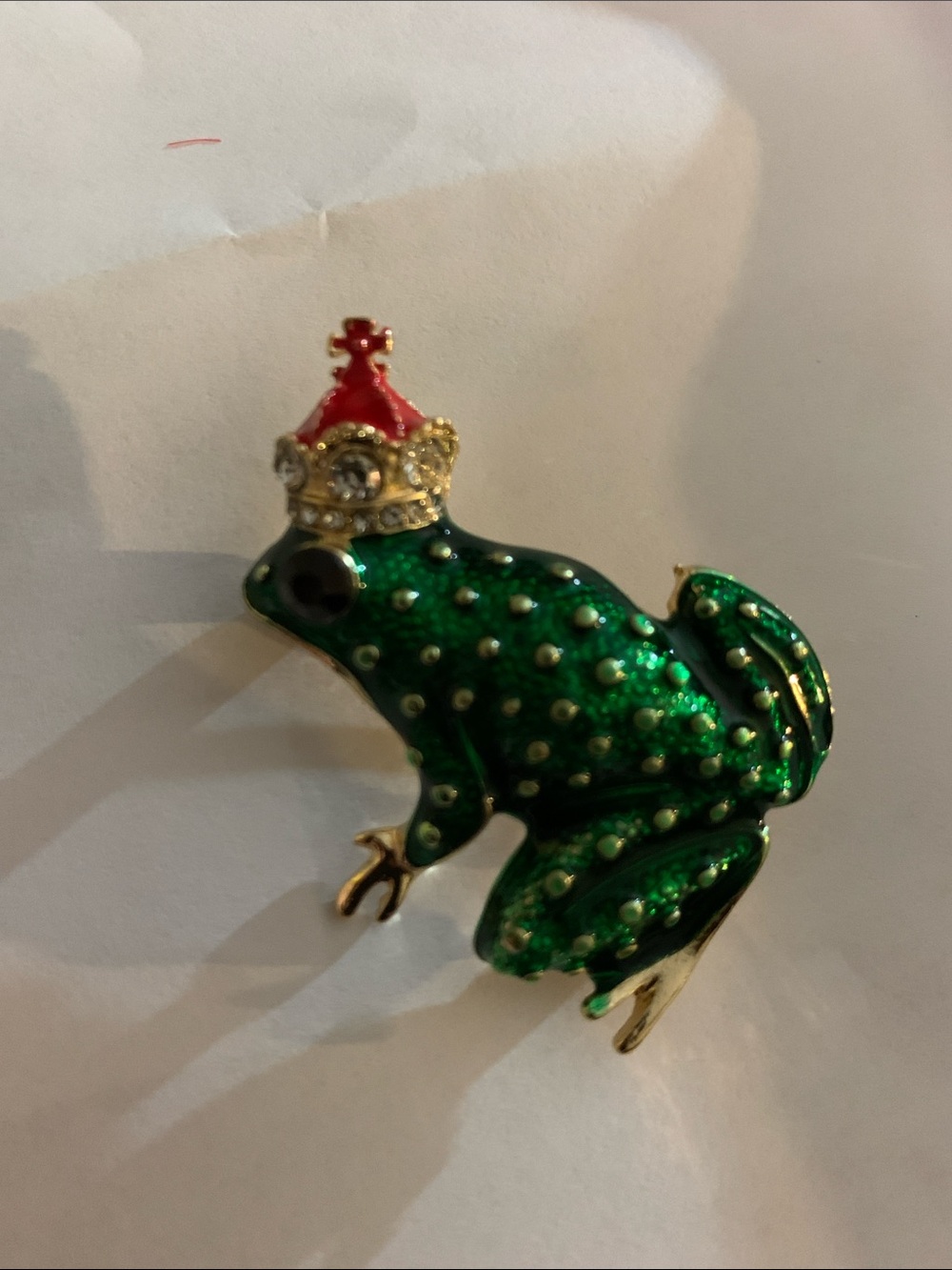 Green Enamel Prince Frog Brooch with Red Crown -